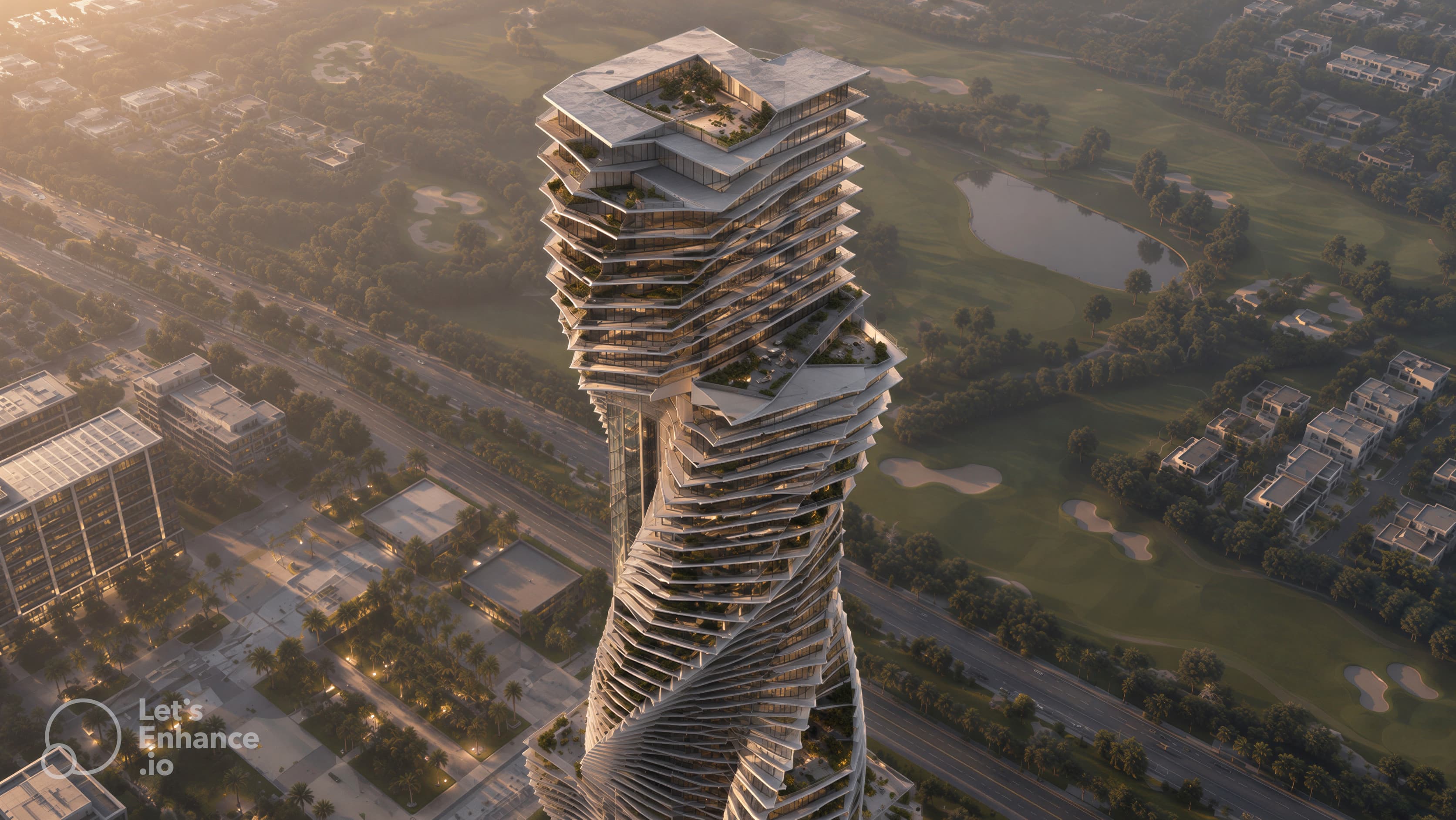 Aerial view of a twisting residential high-rise