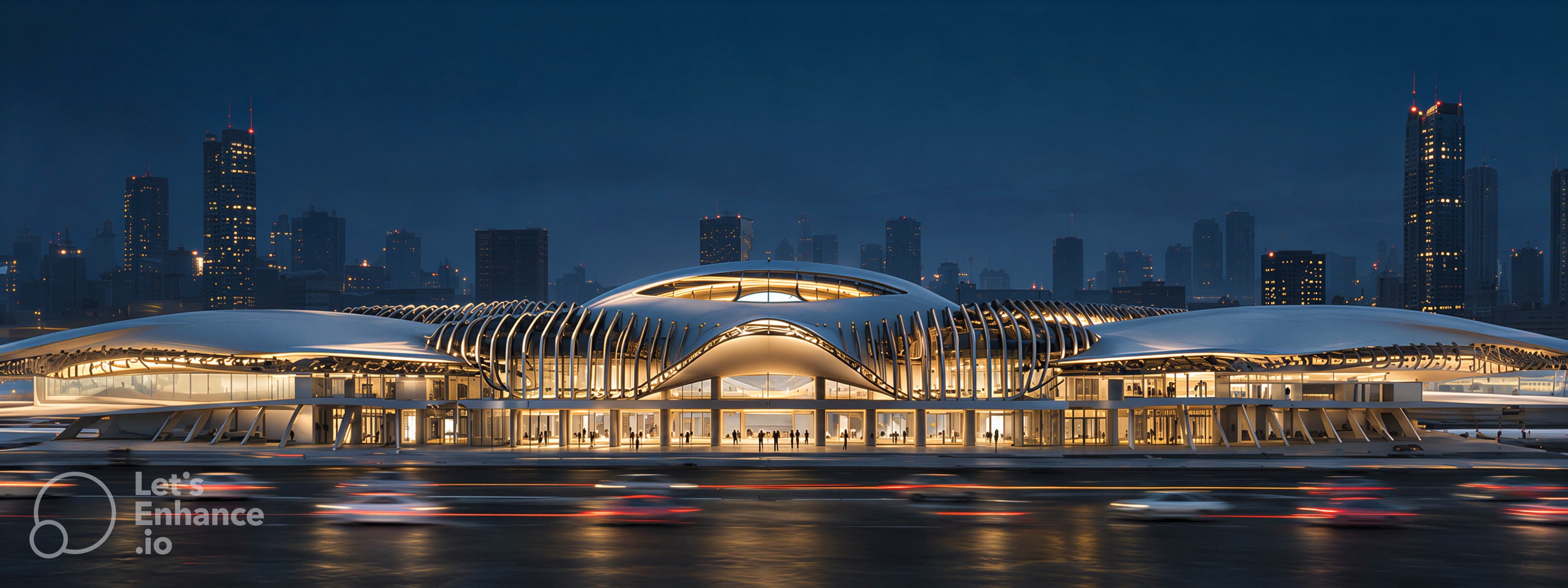 Night view of a civic railway building