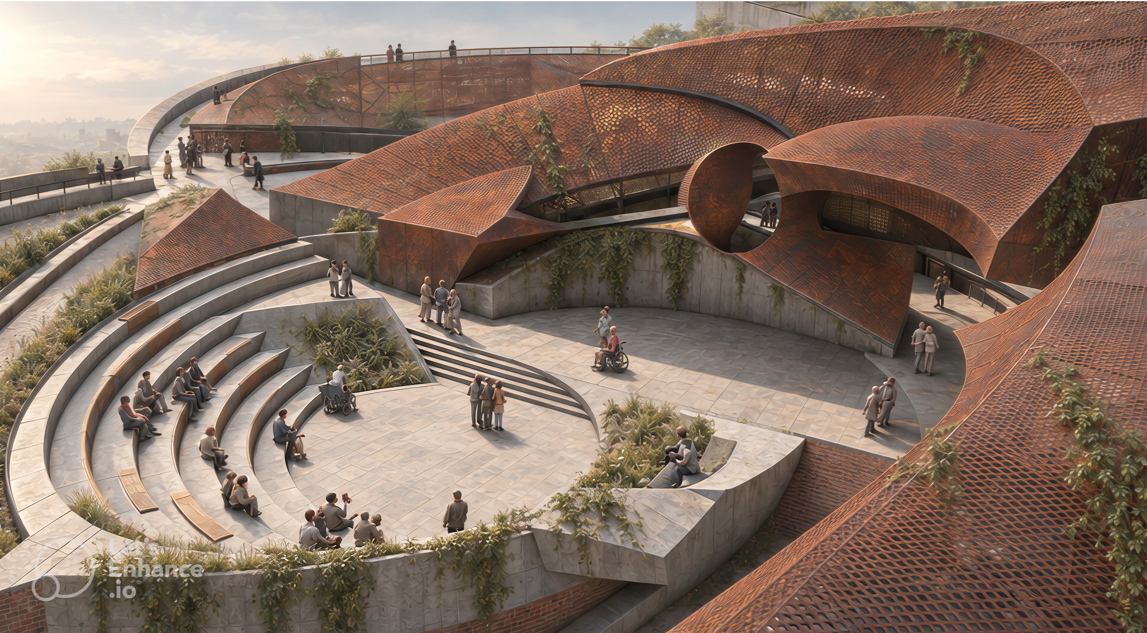 Corten and concrete civic amphitheater plaza